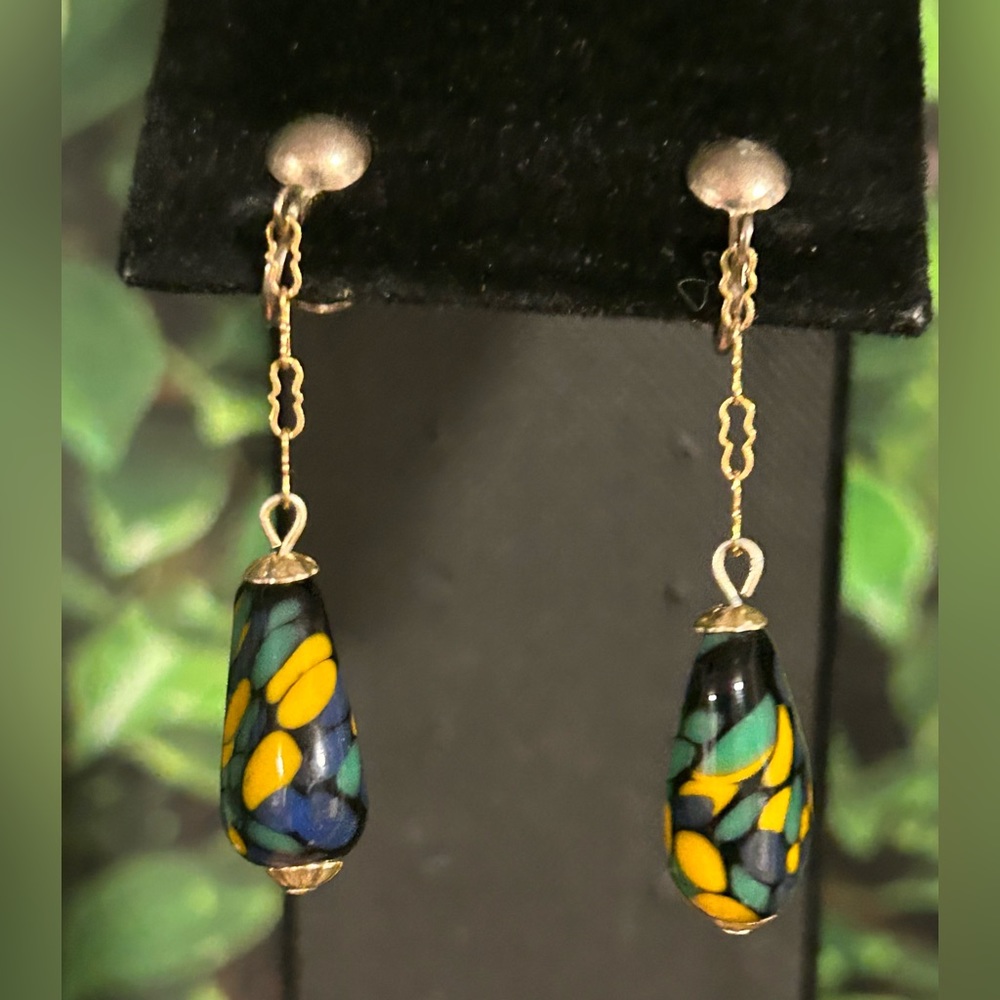 Glass Multi Color Dangle Screw Back Earrings 2.25"